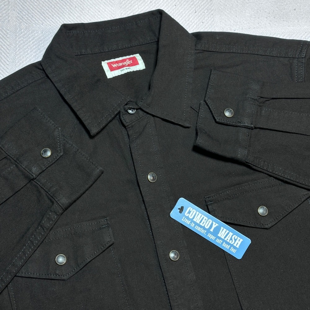 NEW Wrangler Western Pearl Snap Shirt Mens Medium Cowboy Wash Stretch Black